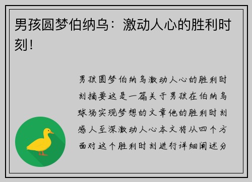 男孩圆梦伯纳乌：激动人心的胜利时刻！